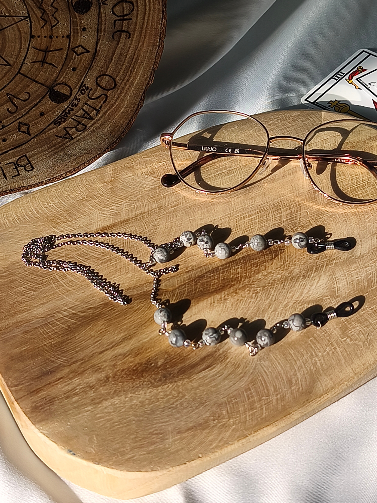 Chaîne de lunettes jaspe feuille d'argent – finition dorée ou argentée