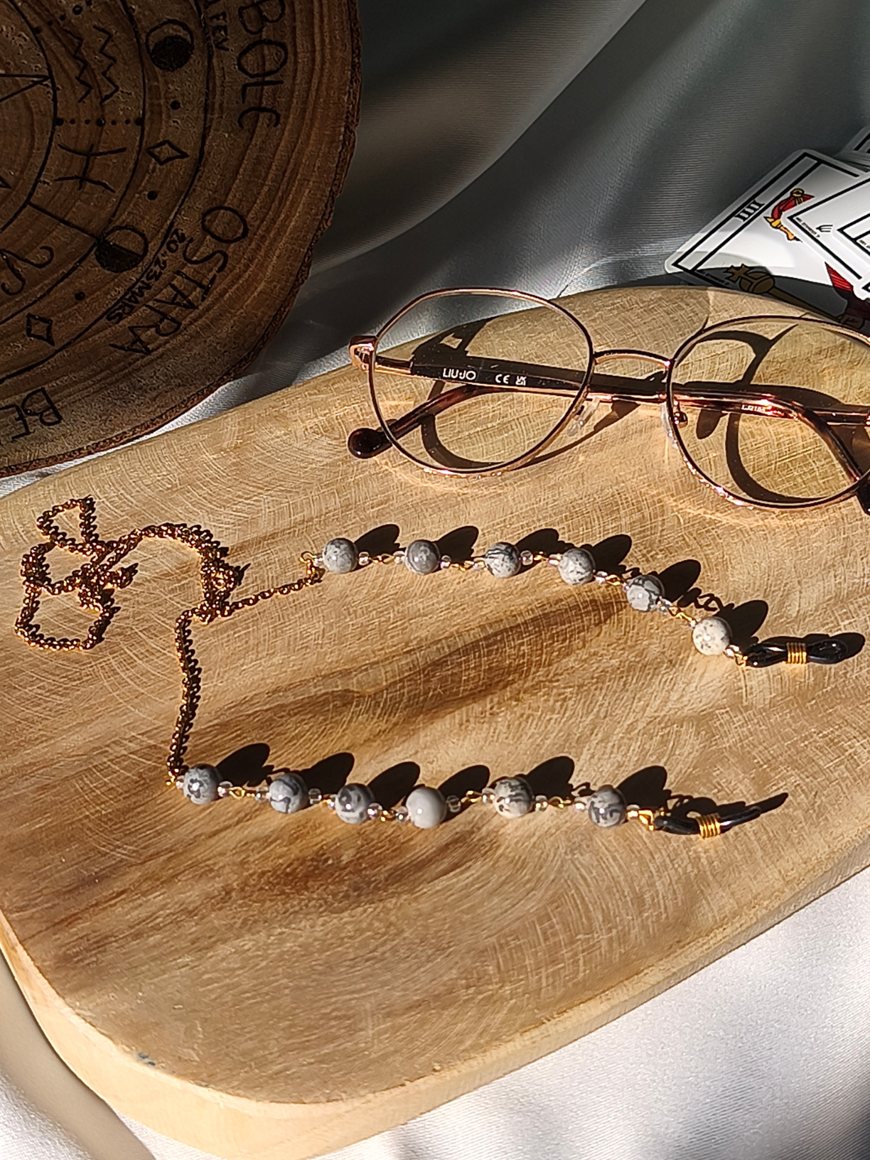Chaîne de lunettes jaspe feuille d'argent – finition dorée ou argentée