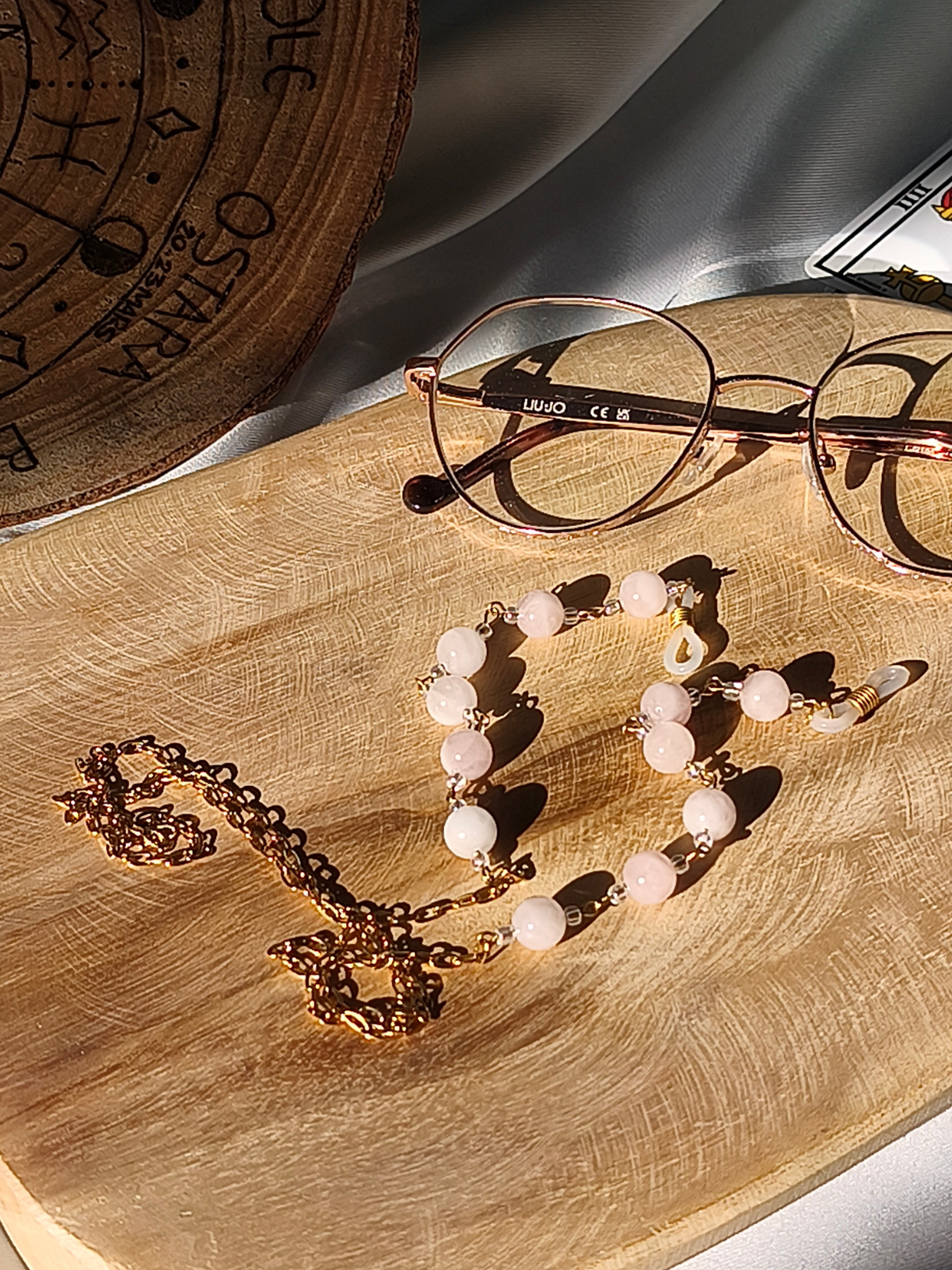 Chaîne de lunettes quartz rose – finition dorée ou argentée