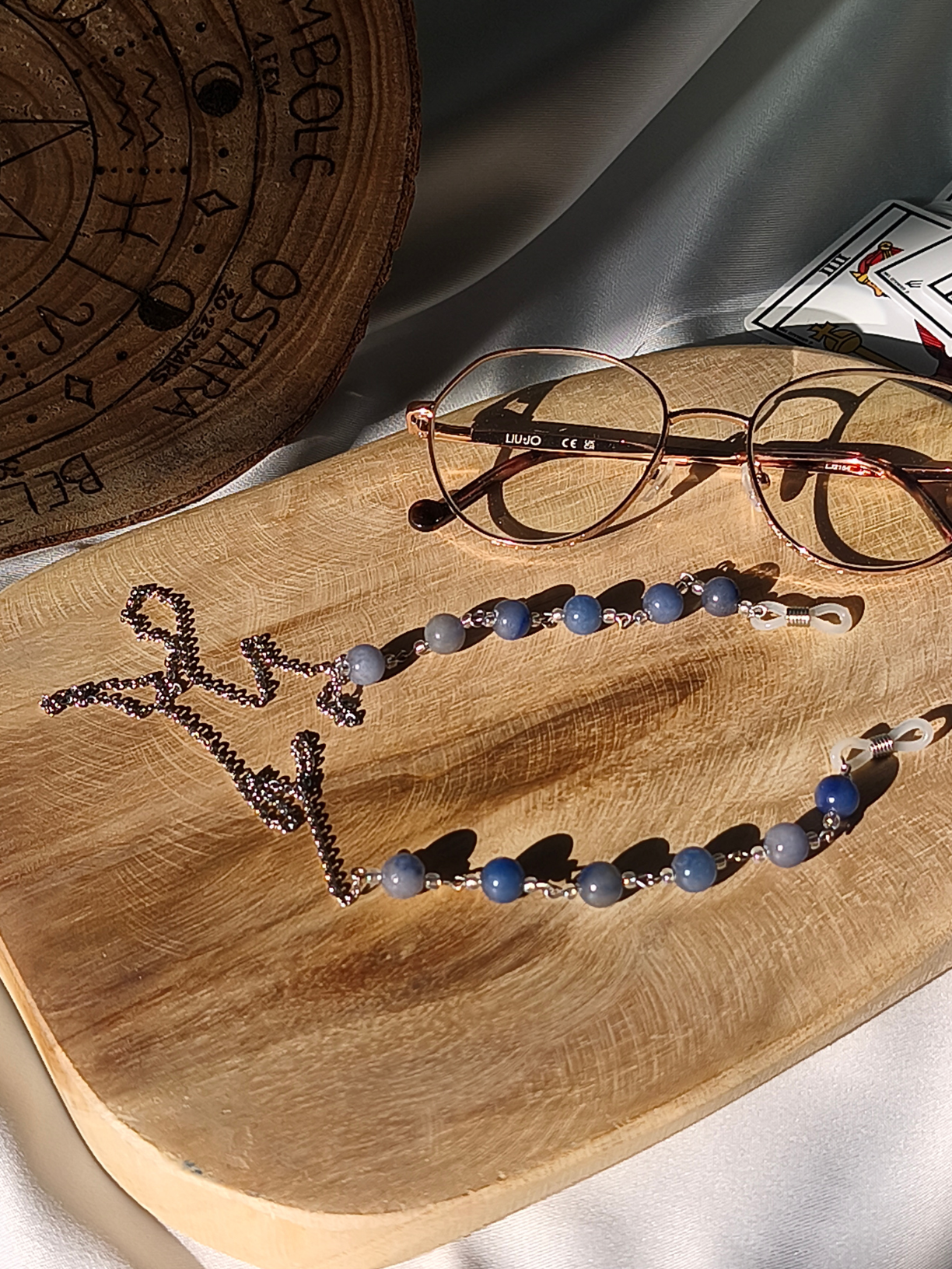 Chaîne de lunettes aventurine bleue – finition dorée ou argentée