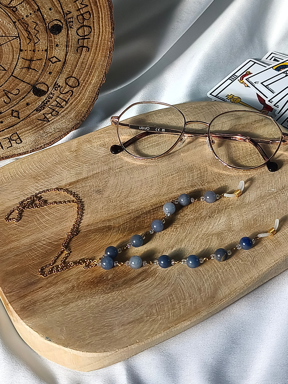 Chaîne de lunettes aventurine bleue – finition dorée ou argentée
