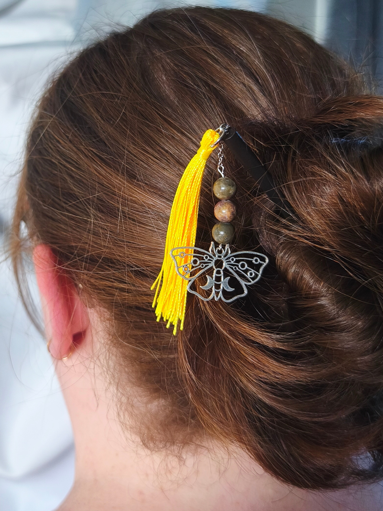 Pic à cheveux jaspe arc en ciel argenté – bois et finition argentée